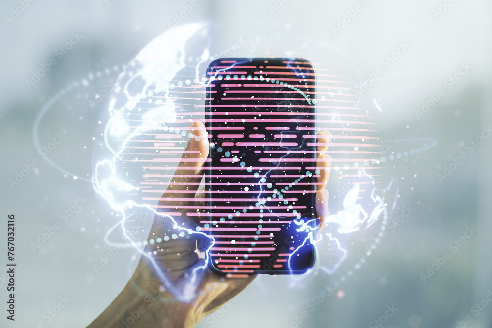 Poster double exposure of abstract digital world map with connections and hand with cellphone on background