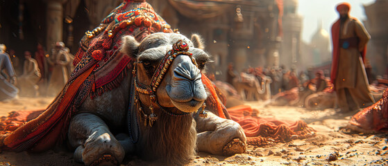 a camel that is laying down in the dirt