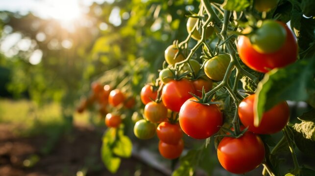 Tomato bush at a field in sunshine 