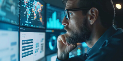 A focused businessman studying a dynamic CRM data graph, extracting valuable insights to optimize growth targets and enhance customer relationships realistic stock photography - obrazy, fototapety, plakaty