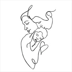 Vector cute illustration of mother, father and baby. Black and white linear art, drawing on a white background.