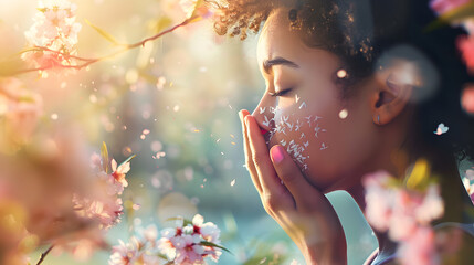 Woman sneezing surrounded by blooming flowers, illustrating seasonal allergies. - obrazy, fototapety, plakaty