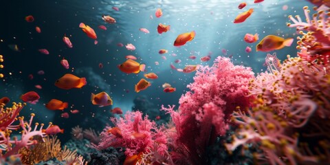under the ocean life, 3d render,  background , just fish and pink coral 