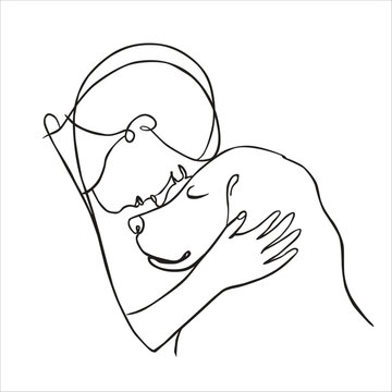 Friendship between human and animal in line art style vector. Dog with human continuous line minimalist logo. Linear black and white illustration on a white background