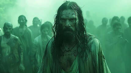 a man with long hair and a beard in a green foggy environment - obrazy, fototapety, plakaty
