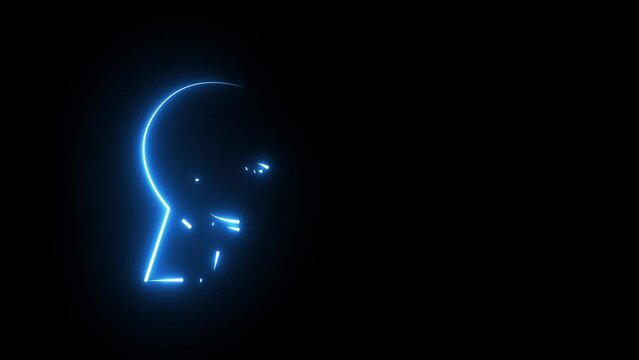Neon human Face icon. Human head line icon animation. Glowing neon human head on black background. black silhouette of the profile of the human head.