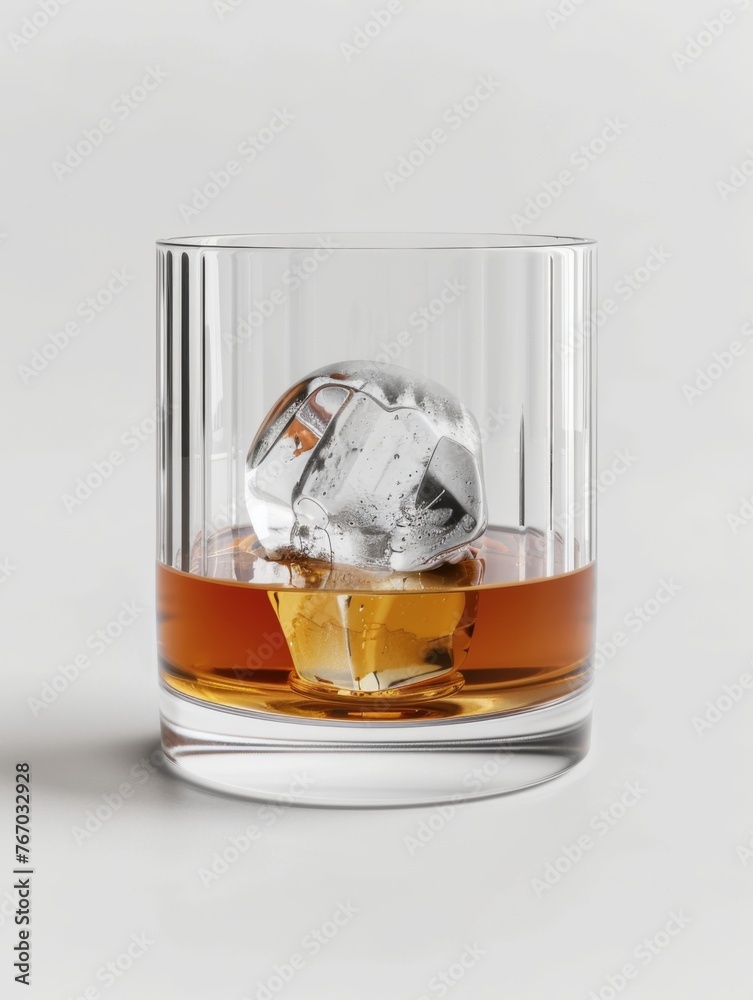 Canvas Prints Ribbed whiskey glass with 1 large ice ball inside and a pure white background.