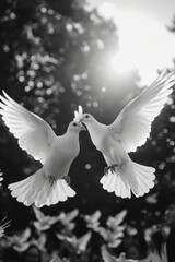 White doves being released at a wedding, realism, realistic, grayscale