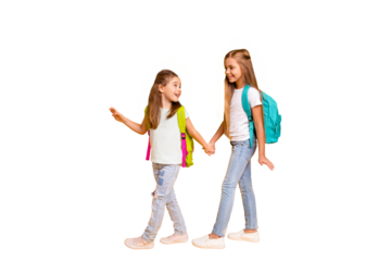 Full length body size view of two nice attractive cheerful smart clever pre-teen girls with colorful backpacks holding hands back to school isolated over bright vivid shine yellow background