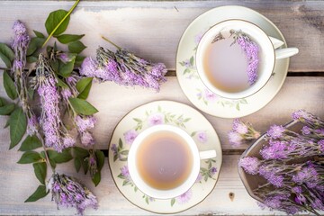 Cups of tea and beautiful flowers and refined vintage dishes on the table.