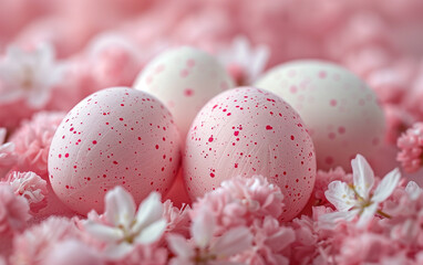 Obraz na płótnie Canvas Happy easter delight: a creative ensemble of elegant white and pink pastel easter eggs on a soft background
