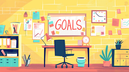 Creative Office Workspace with 'Goals' Concept Illustration