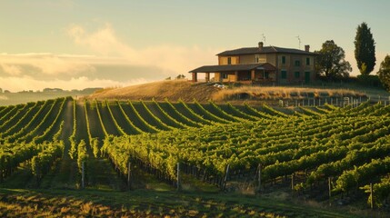 old farmhouse on top of a hill in Italy, vineyards surround the house on the hill, early morning...