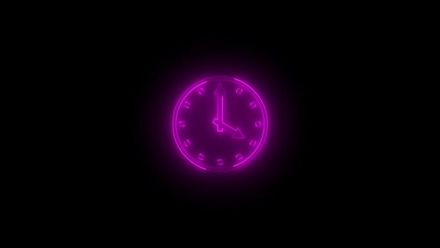 Neon glowing pink color four o'clock icon animation black background