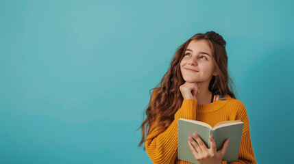 An imaginative white teenage girl is holding a green book and looking up on a plain blue background with copy-space for text.