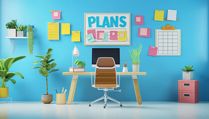 Contemporary Home Office with Bright Blue Feature Wall and Plants