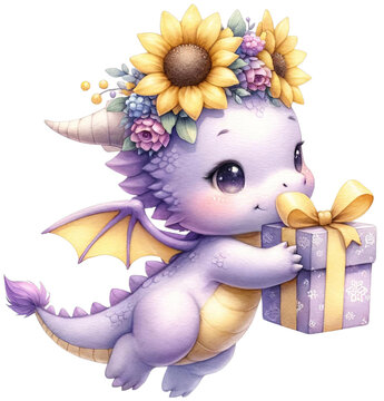 purple little dragon wearing a sunflower hat Holding a birthday gift box, watercolor picture, clip art