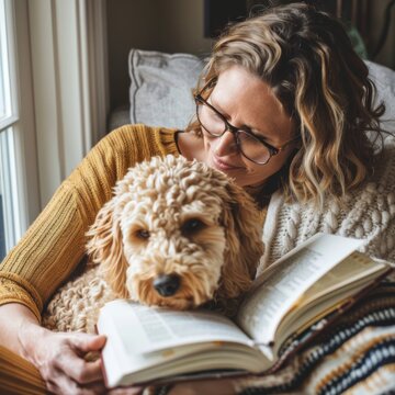 woman with his Golden Labradoodle dog reading at home 