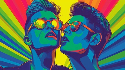 Vibrant Pop Art Portrait, Two Faces in Sunglasses, Neon Rainbow Burst Background