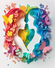 Artistic Paper Cut Out of Female Profiles Surrounded by Flowers and Butterflies, Colorful Background