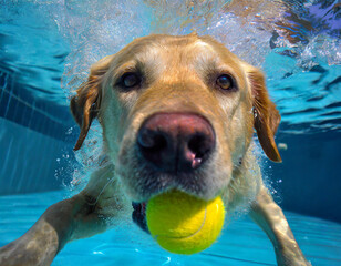 Golden Retriever catching a ball in the water