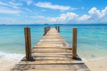Wooden pier leading to the ocean with a white sand beach and turquoise water, tropical island background, copy space for text in a wide format in the style of tropical island background. 