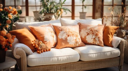 A white couch with orange pillows and a vase of flowers on it. The couch is in a room with a lot of natural light coming in from the windows