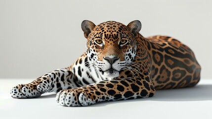 A stunningly beautiful jaguar is resting in front of a white background. The jaguar's fur is a...