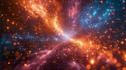 A creative cosmic background portrays a hyper jump into another galaxy, with neon glowing rays, fireworks, and falling stars in motion. - obrazy, fototapety, plakaty