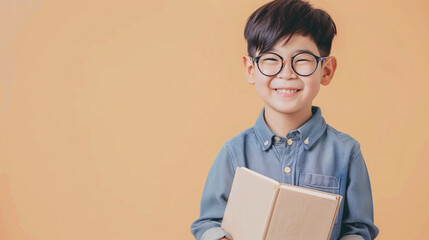A happy and smiling Asian boy wearing glasses is holding a brown book on a plain beige background with copy-space for text.