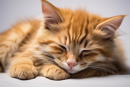 a cat sleeping on a white surface