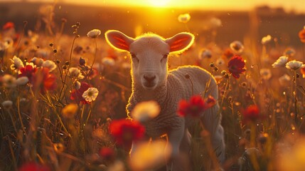 a baby sheep in a field of flowers