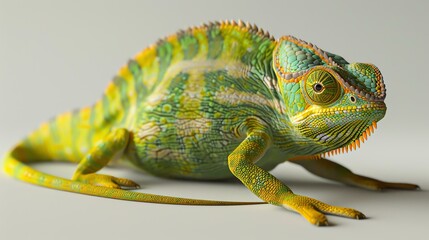 A green and yellow chameleon is sitting on a white surface. The chameleon is looking at the camera. Its body is covered in small, bumpy scales.