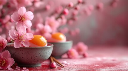   Bowls of eggs on table, beside pink flowers