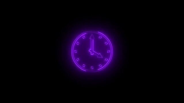 Neon glowing purple color four o'clock icon animation black background