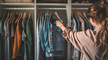 Amidst the spring cleaning frenzy, the woman focuses on decluttering her closet, sorting through her clothes with precision. - obrazy, fototapety, plakaty