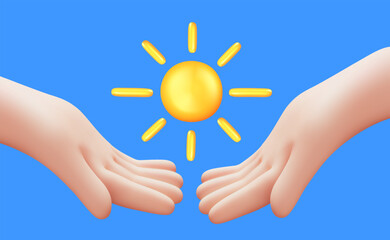 Vector weather illustration of gesture hand hold yellow sun on blue color background. 3d style design of man white skin hand give golden sun