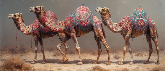 three camels with colorful decorations walking in the desert © Masum