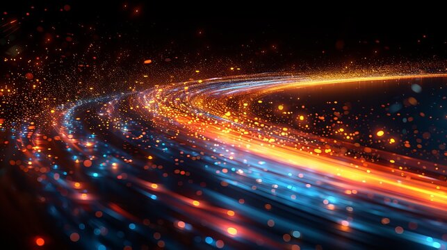 A technology-themed abstract background showcases long exposure light trails on a black backdrop.