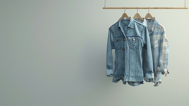 Blue denim jacket and a white shirt with a blue pattern hanging on a wooden rack against a solid background.