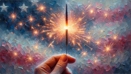 Hand Holding Sparkler in Textured Artwork. An impressionistic painting depicts a hand holding a lit sparkler against a vibrant, textured background. - obrazy, fototapety, plakaty