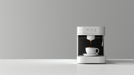 A simple and elegant coffee machine is sitting on a white table. The machine is white and has a cup of coffee sitting in front of it.