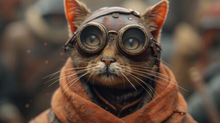   A focused image of a feline in a helmet with goggles and a scarf adorning its neck