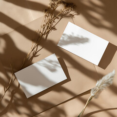  Blank White Cards and Dried Flowers on a Brown Background in Soft Natural Lighting