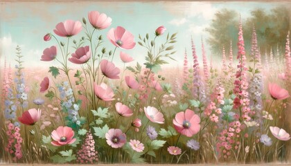 Field of Cosmea Flowers in a Pastel Landscape. A delicate and dreamy landscape painting with a...