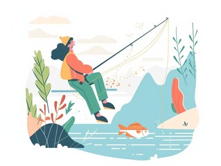 Pastel Colors Fishing: Healthy Adult Catching Fish in River or Lake Generative AI