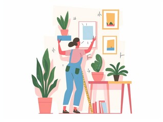 Interior Designer Measuring and Marking Wall for Picture Hanging Generative AI