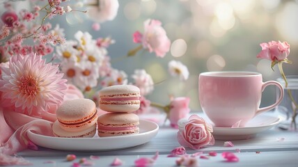 Serene tea time with a pink cup, macarons, and fresh flowers on table