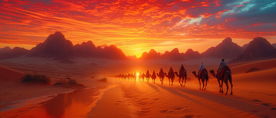 as riding through the desert at sunset with a mountain in the background - obrazy, fototapety, plakaty