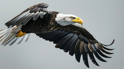 Soaring high above the land, the majestic bald eagle is a symbol of freedom and strength.